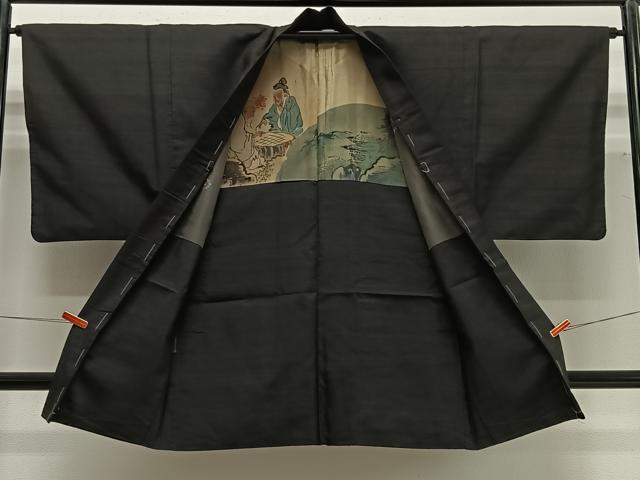 平和屋着物∞男性　長羽織　紬地　黒地　正絹　逸品　未使用　CABG3792ua
