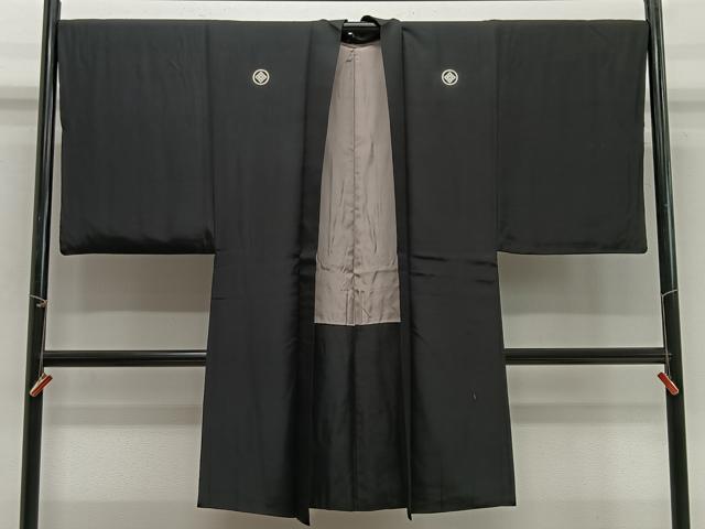 平和屋着物∞男性　長羽織　黒紋付　羽裏：利休白茶色　正絹　逸品　CABG3793ua