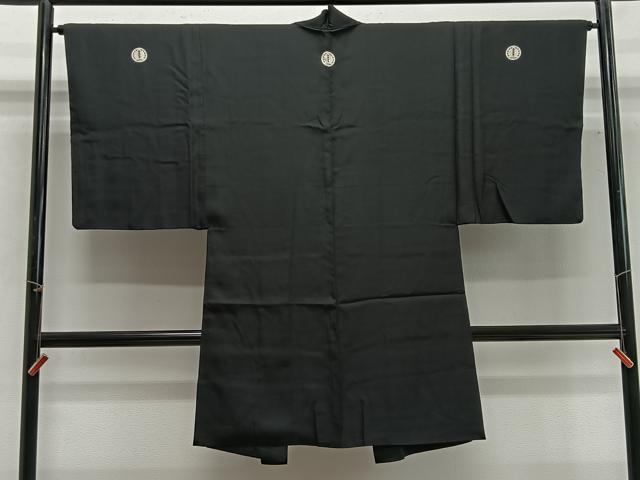平和屋着物∞男性　長羽織　黒紋付　羽裏：人物文　正絹　逸品　CABG3794ua