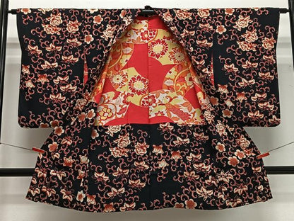 平和屋着物∞アンティーク　長羽織　花唐草文　黒地　正絹　逸品　CABG3795ua