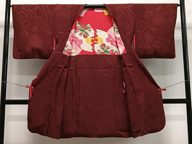 平和屋着物＃道行コート　亀甲草花地紋　葡萄茶色　正絹　逸品　CABG3805ua