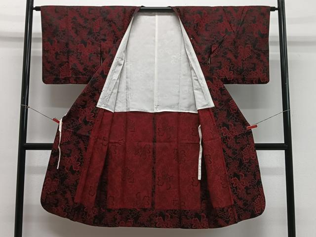 平和屋着物＃道行コート　舞花文　黒地　ロング丈　正絹　逸品　CABG3811ua