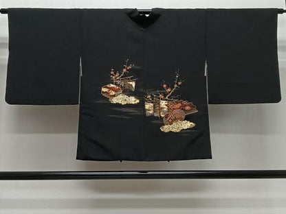 平和屋着物＃羽織　駒刺繍　鼓吉祥文　黒地　金彩　正絹　逸品　CABG3812ua