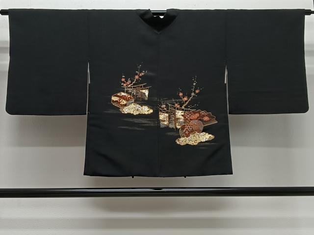 平和屋着物＃羽織　駒刺繍　鼓吉祥文　黒地　金彩　正絹　逸品　CABG3812ua