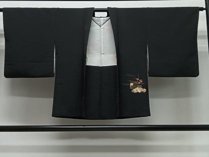 平和屋着物＃羽織　駒刺繍　鼓吉祥文　黒地　金彩　正絹　逸品　CABG3812ua