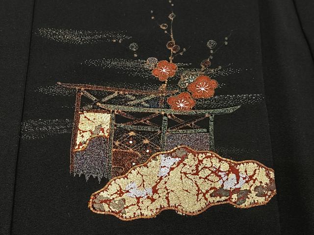 平和屋着物＃羽織　駒刺繍　鼓吉祥文　黒地　金彩　正絹　逸品　CABG3812ua