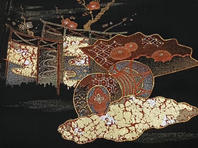 平和屋着物＃羽織　駒刺繍　鼓吉祥文　黒地　金彩　正絹　逸品　CABG3812ua