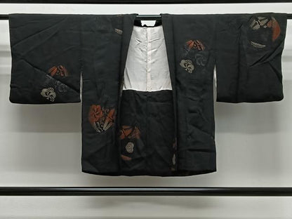 平和屋着物＃羽織　寿光織　草花丸文　黒地　金糸　正絹　逸品　CABG3818ua
