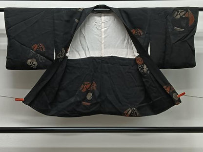 平和屋着物＃羽織　寿光織　草花丸文　黒地　金糸　正絹　逸品　CABG3818ua