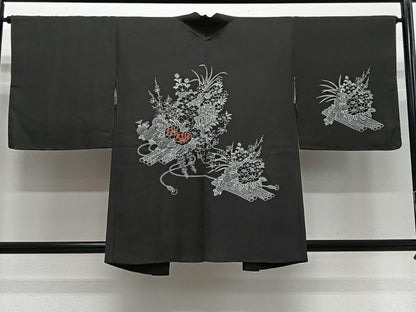 平和屋着物＃羽織　刺繍　草花文　黒地　正絹　逸品　未使用　CABG3819ua