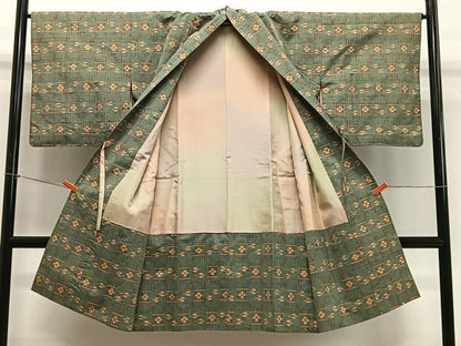 平和屋着物＃道中着　紬地　絣文様　ロング丈　正絹　逸品　CABG3821ua