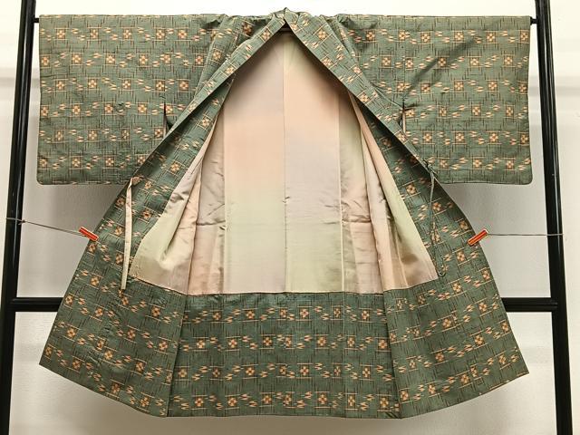 平和屋着物＃道中着　紬地　絣文様　ロング丈　正絹　逸品　CABG3821ua
