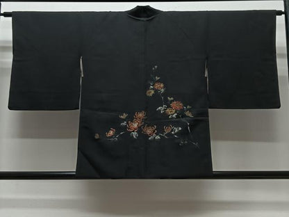 平和屋着物＃羽織　寿光織　流水花文　黒地　金糸　正絹　逸品　CABG3836ua