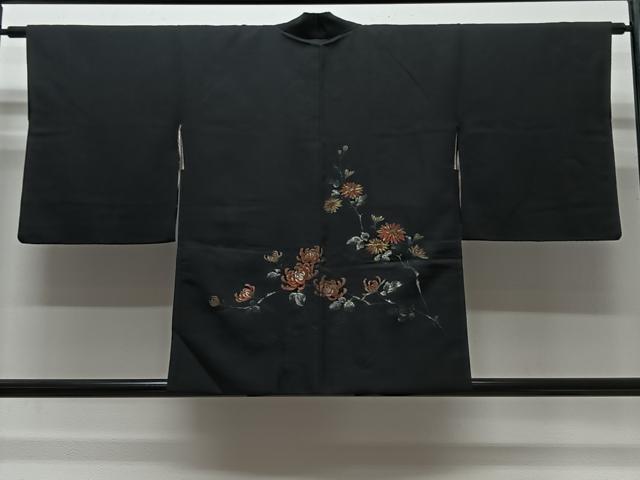 平和屋着物＃羽織　寿光織　流水花文　黒地　金糸　正絹　逸品　CABG3836ua
