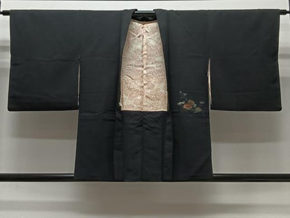 平和屋着物＃羽織　寿光織　流水花文　黒地　金糸　正絹　逸品　CABG3836ua