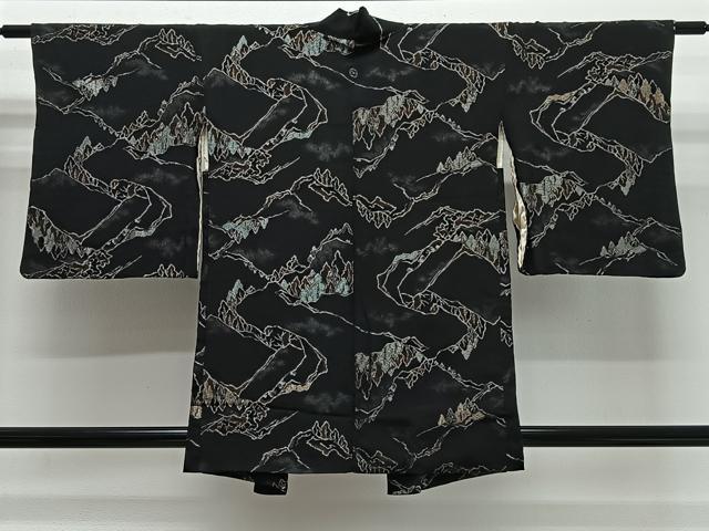 平和屋着物＃羽織　寿光織　遠山風景文　黒地　銀糸　正絹　逸品　CABG3838ua