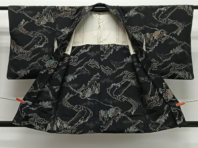 平和屋着物＃羽織　寿光織　遠山風景文　黒地　銀糸　正絹　逸品　CABG3838ua