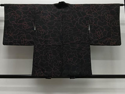 平和屋着物＃羽織　花尽くし　黒地　正絹　逸品　CABG3846ua