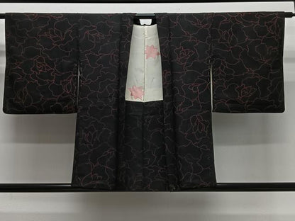 平和屋着物＃羽織　花尽くし　黒地　正絹　逸品　CABG3846ua