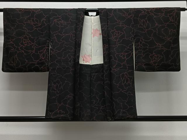 平和屋着物＃羽織　花尽くし　黒地　正絹　逸品　CABG3846ua