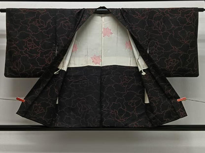平和屋着物＃羽織　花尽くし　黒地　正絹　逸品　CABG3846ua