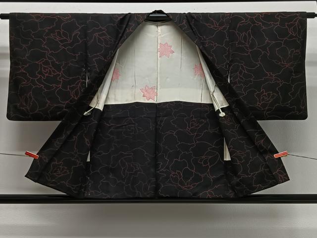 平和屋着物＃羽織　花尽くし　黒地　正絹　逸品　CABG3846ua