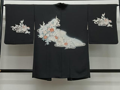 平和屋着物＃羽織　流水花文　暈し染め　黒地　正絹　逸品　CABG3857ua