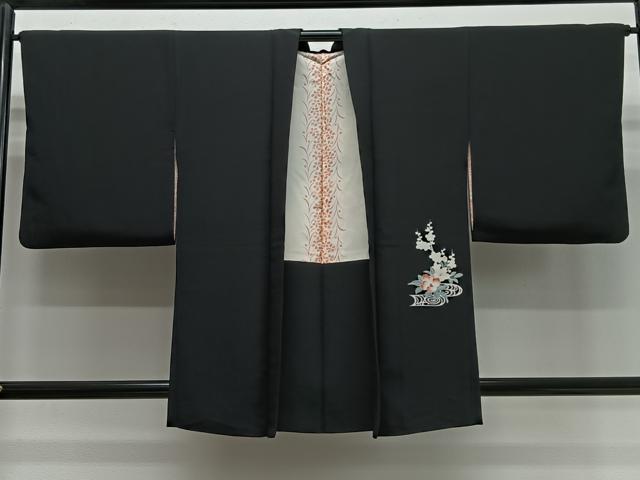 平和屋着物＃羽織　流水花文　暈し染め　黒地　正絹　逸品　CABG3857ua