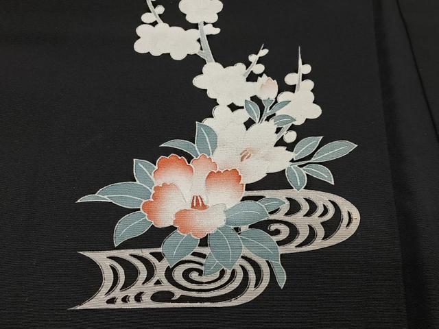 平和屋着物＃羽織　流水花文　暈し染め　黒地　正絹　逸品　CABG3857ua