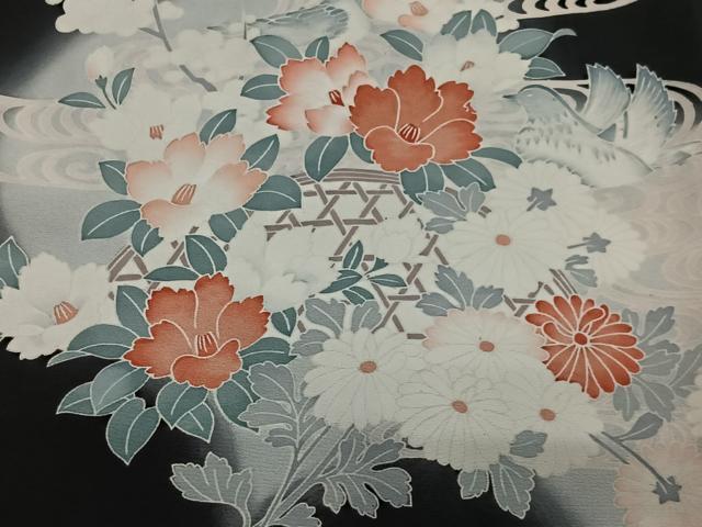 平和屋着物＃羽織　流水花文　暈し染め　黒地　正絹　逸品　CABG3857ua