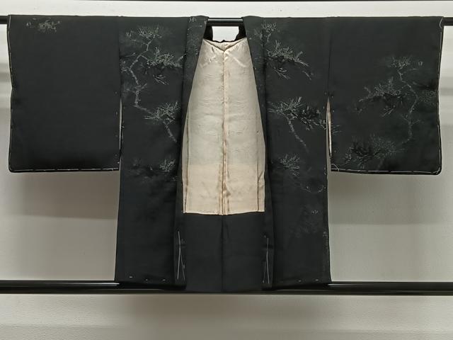 平和屋着物＃羽織　寿光織　三蓋松　黒地　銀糸　正絹　逸品　未使用　CABG3868ua