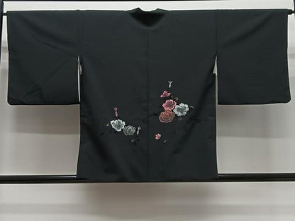 平和屋着物＃羽織　刺繍　草花文　黒地　正絹　逸品　CABG3871ua
