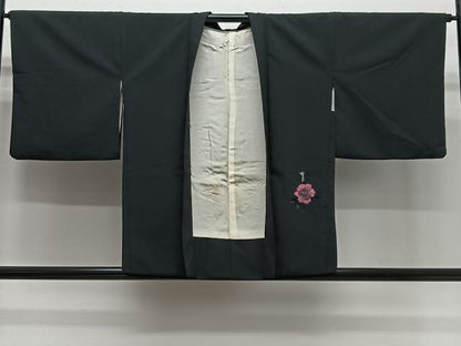 平和屋着物＃羽織　刺繍　草花文　黒地　正絹　逸品　CABG3871ua