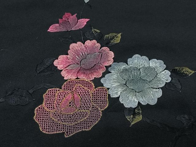 平和屋着物＃羽織　刺繍　草花文　黒地　正絹　逸品　CABG3871ua