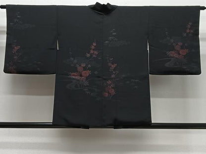 平和屋着物＃羽織　寿光織　流水花文　黒地　正絹　逸品　CABG3877ua