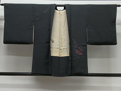 平和屋着物＃羽織　寿光織　流水花文　黒地　正絹　逸品　CABG3877ua
