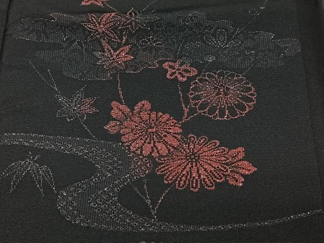 平和屋着物＃羽織　寿光織　流水花文　黒地　正絹　逸品　CABG3877ua