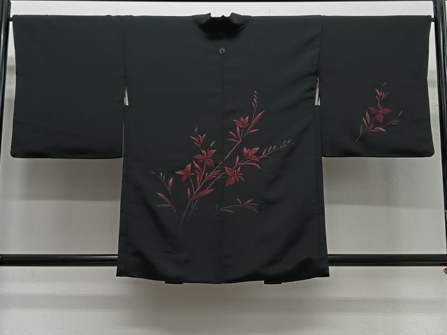 平和屋着物＃羽織　刺繍　枝葉文　黒地　正絹　逸品　CABG3881ua