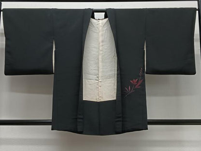平和屋着物＃羽織　刺繍　枝葉文　黒地　正絹　逸品　CABG3881ua