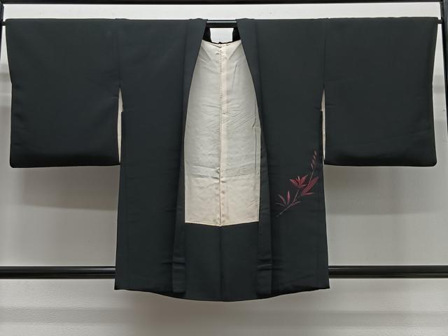 平和屋着物＃羽織　刺繍　枝葉文　黒地　正絹　逸品　CABG3881ua