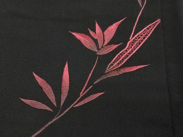 平和屋着物＃羽織　刺繍　枝葉文　黒地　正絹　逸品　CABG3881ua
