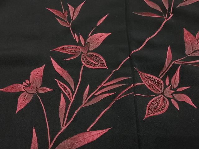 平和屋着物＃羽織　刺繍　枝葉文　黒地　正絹　逸品　CABG3881ua
