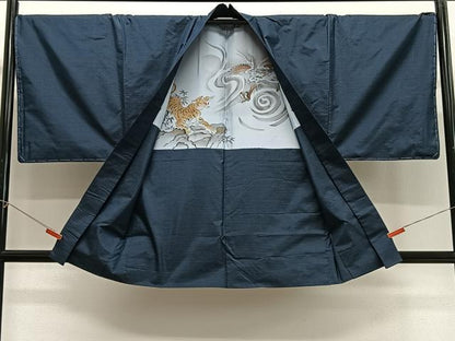 平和屋着物∞男性　羽織　本場大島紬　格子　羽裏：龍・虎　証紙付き　正絹　逸品　未使用　CABG3897ua