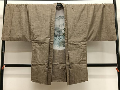 平和屋着物∞男性　長羽織　紬地　霞文　肥後煤竹色　キングサイズ　正絹　逸品　CABG3899ua