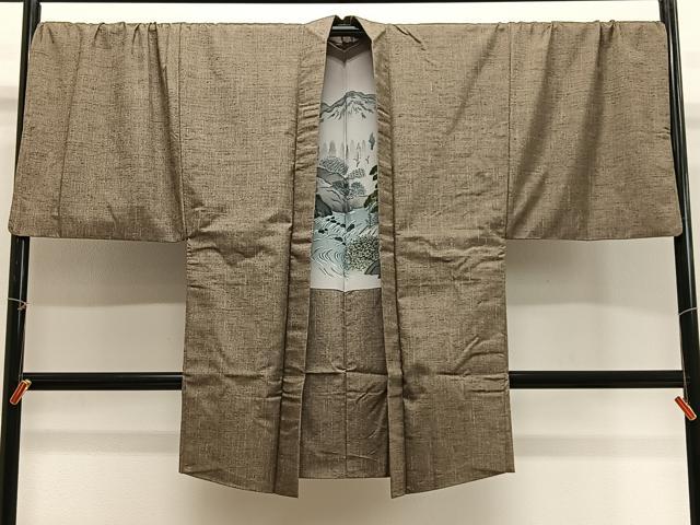 平和屋着物∞男性　長羽織　紬地　霞文　肥後煤竹色　キングサイズ　正絹　逸品　CABG3899ua