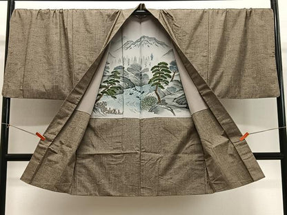 平和屋着物∞男性　長羽織　紬地　霞文　肥後煤竹色　キングサイズ　正絹　逸品　CABG3899ua