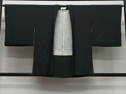 平和屋着物＃羽織　寿光織　枝花文　黒地　正絹　逸品　CABG3965ua