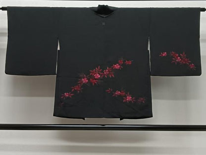 平和屋着物＃羽織　総刺繍　枝花文　黒地　正絹　逸品　CABG3966ua