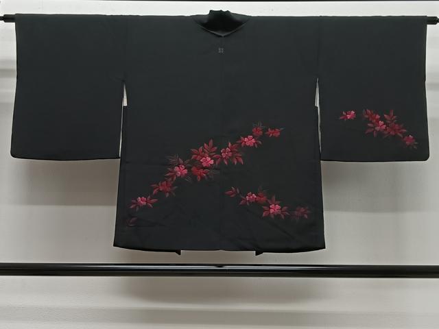 平和屋着物＃羽織　総刺繍　枝花文　黒地　正絹　逸品　CABG3966ua