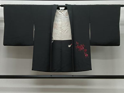 平和屋着物＃羽織　総刺繍　枝花文　黒地　正絹　逸品　CABG3966ua